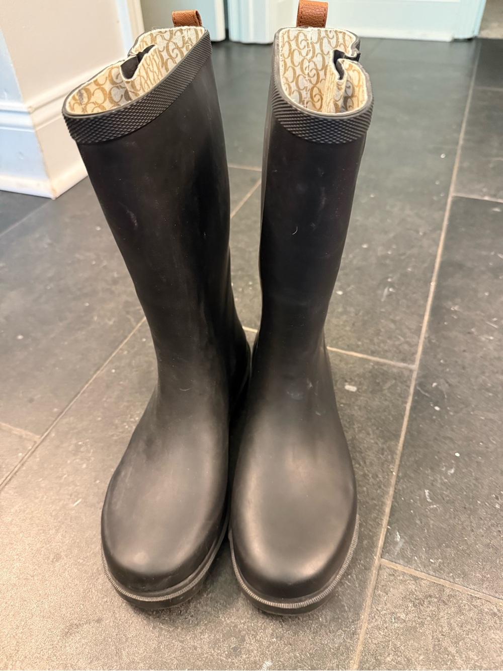 chooka Black Tall Rubber Rain Boots with Patterned Lining